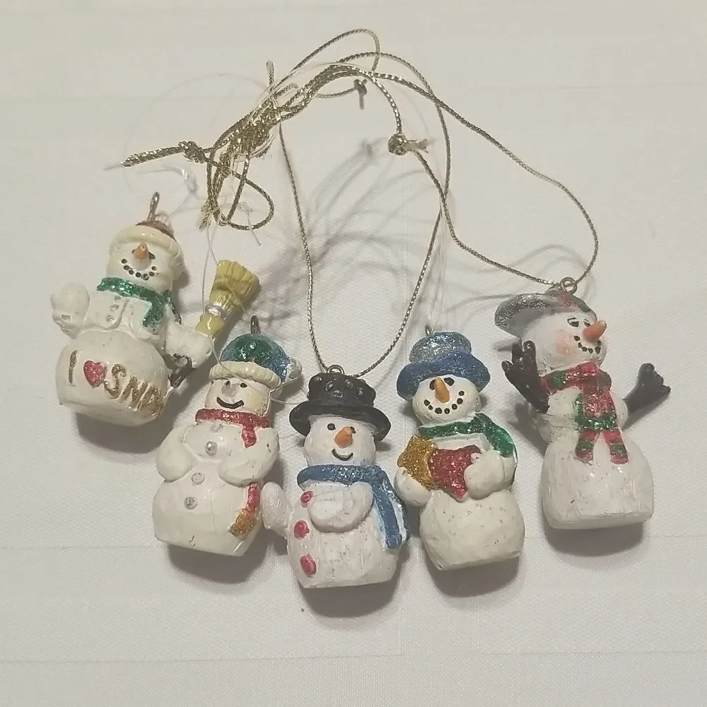 5 Tiny Mini Christmas Tree Little Snowman Ornaments 2